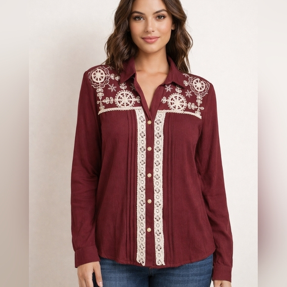 Le Rose Tops - Elegant Maroon Embroidered Button Down Shirt